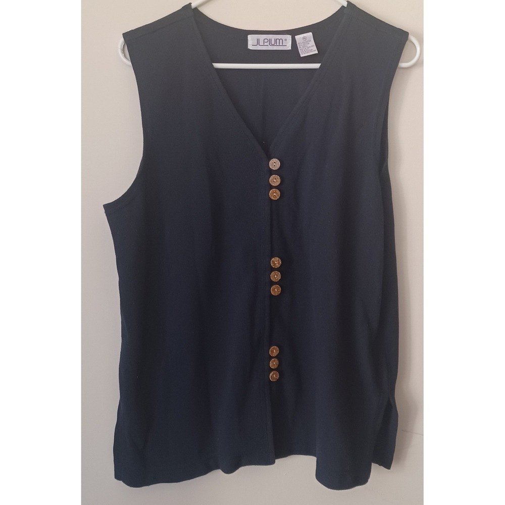 JL Plum Navy Blue Sleeveless V-Neck Knit Top Petite Large Coastal Grandma Retro